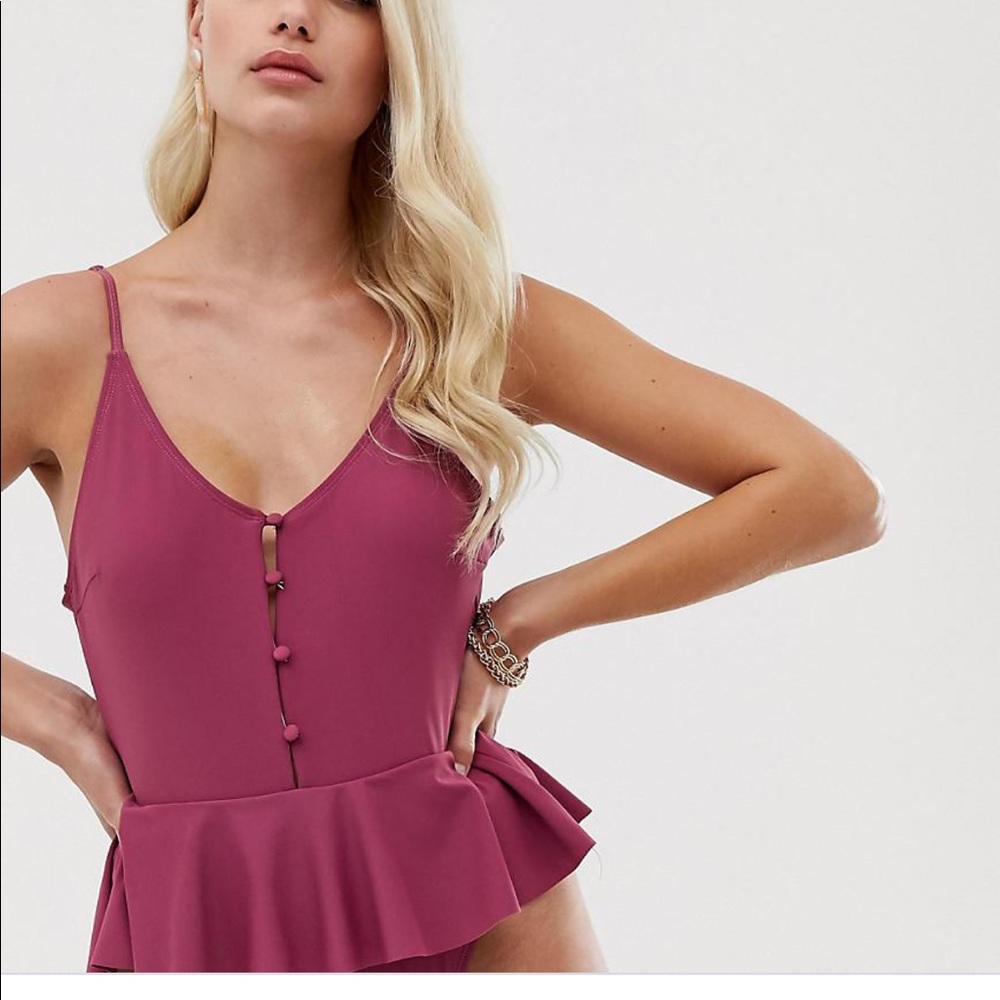 Women's Pink Button Swimsuit With Frill Peplum Hem